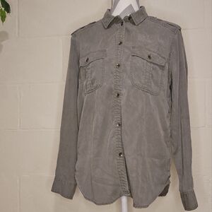 AMERICAN EAGLE Women's Oversized Button-Down Embroidered Back Olive Shirt Size S